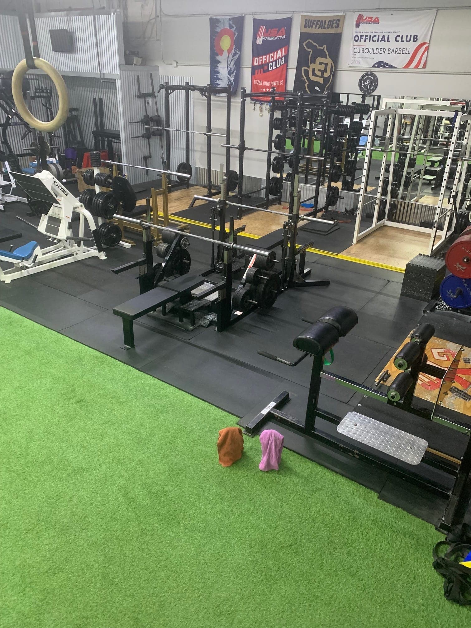 Wide view of CNE's training floor: racks, lifting platforms, gymnastic rings, and turf